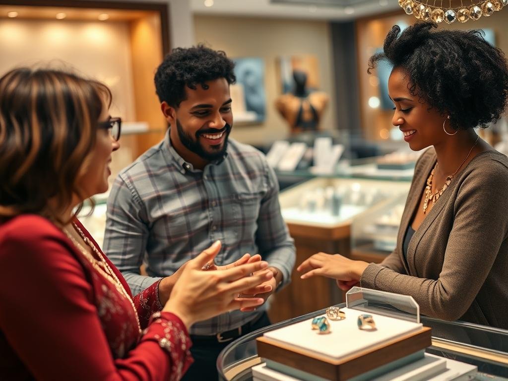 Couple reviewing budget options for unique engagement rings with a jeweler