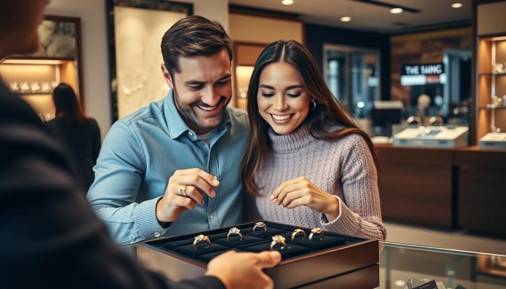 Couple shopping for gold engagement rings at a jewelry counter with various options displayed