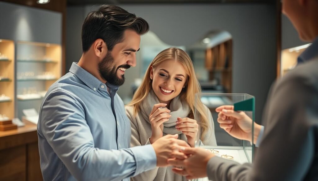 Couple shopping for gold engagement rings at a jewelry counter with various options displayed