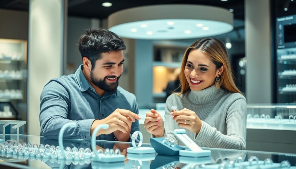 Couple shopping for silver engagement rings at jewelry counter