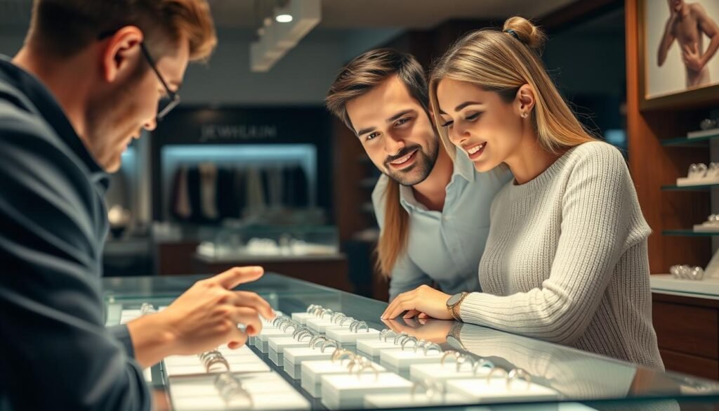 Couple shopping for white gold engagement rings at a jewelry counter