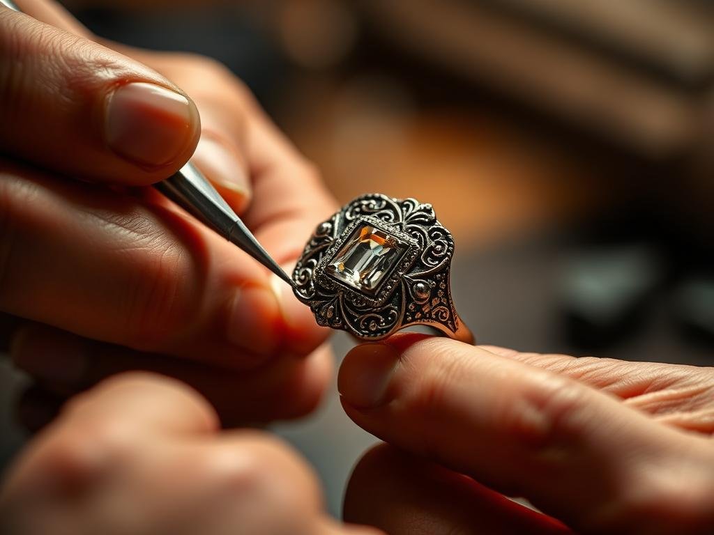 Craftsman working on an antique engagement ring using traditional techniques