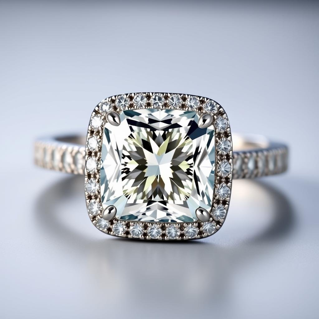 Cushion cut diamond engagement ring with soft square shape and rounded corners