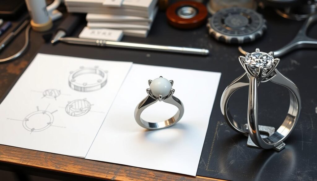 Custom engagement ring design process showing sketches, wax model, and final ring