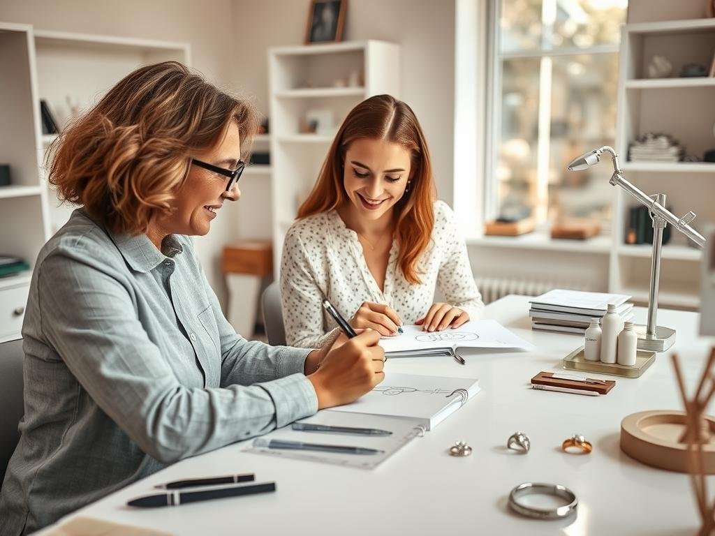 Designer sketching a custom engagement ring design with client