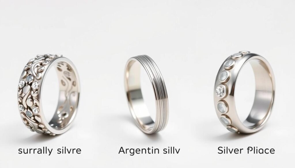 Different types of silver engagement rings displayed side by side showing their unique finishes and qualities