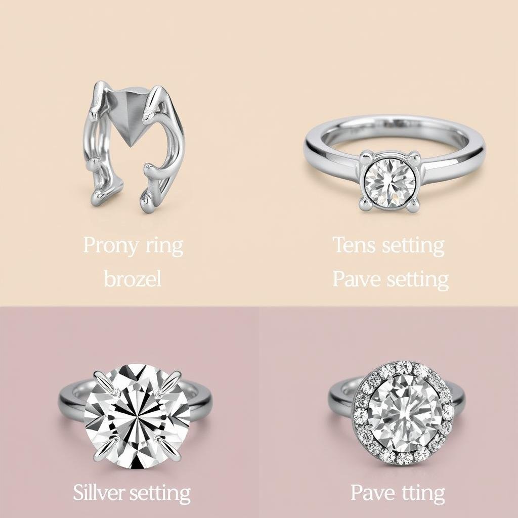 Different types of silver ring settings shown side by side