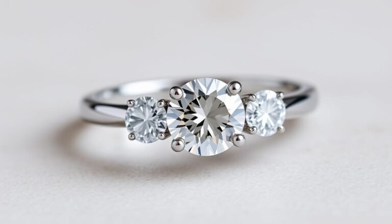 Elegant three stone engagement ring with diamond center and side stones on a white gold band