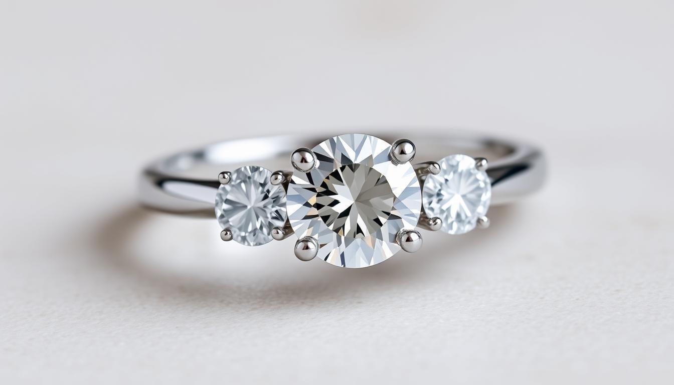 Elegant three stone engagement ring with diamond center and side stones on a white gold band