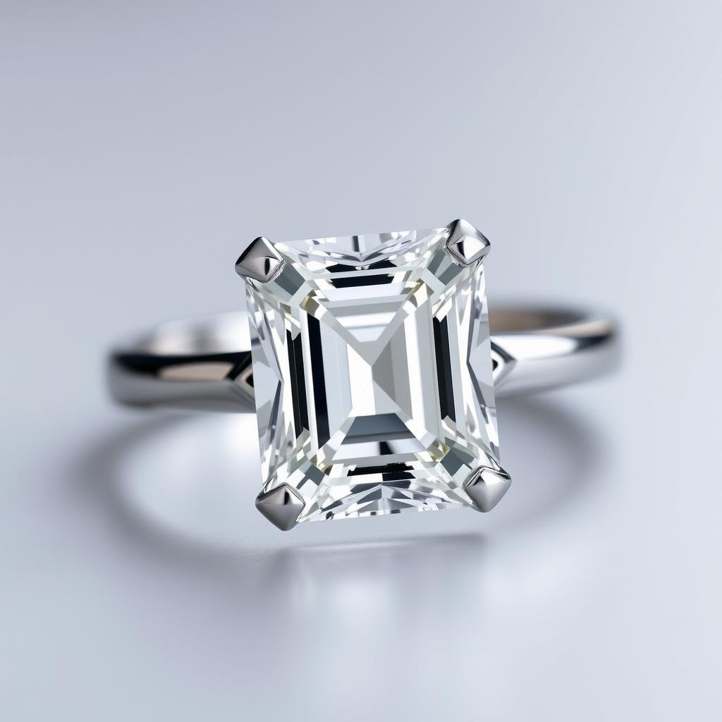 Emerald cut diamond engagement ring with step-cut facets and rectangular shape