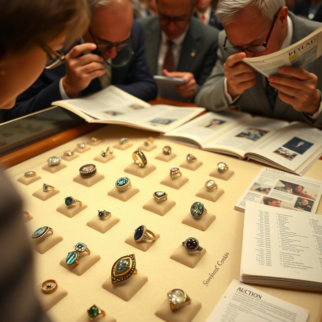 Estate jewelry auction with antique rings on display