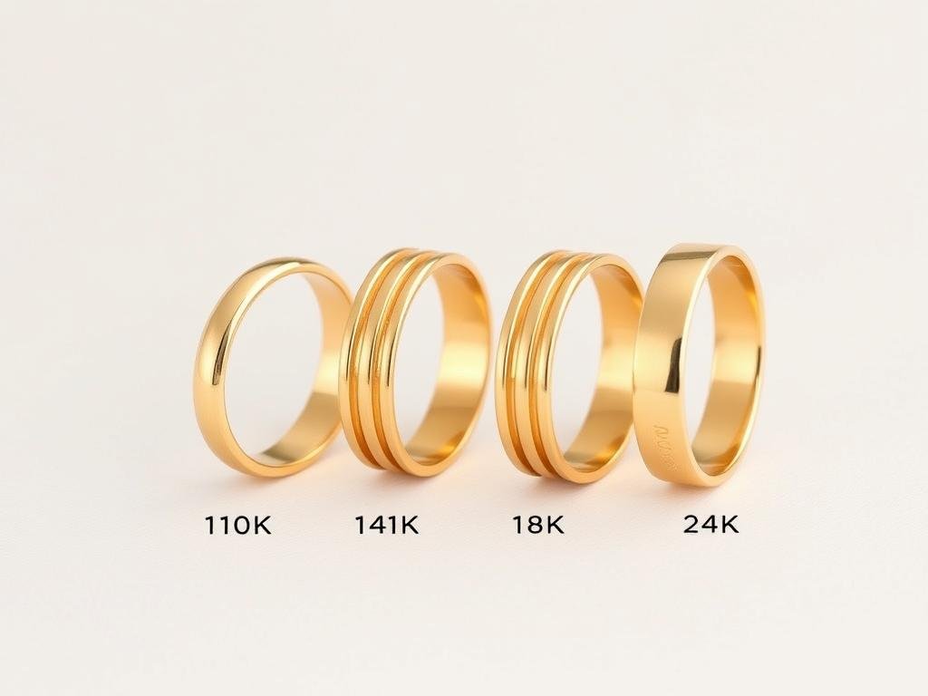 Four gold rings of different karat values (10K, 14K, 18K, 24K) showing the color difference between each purity level