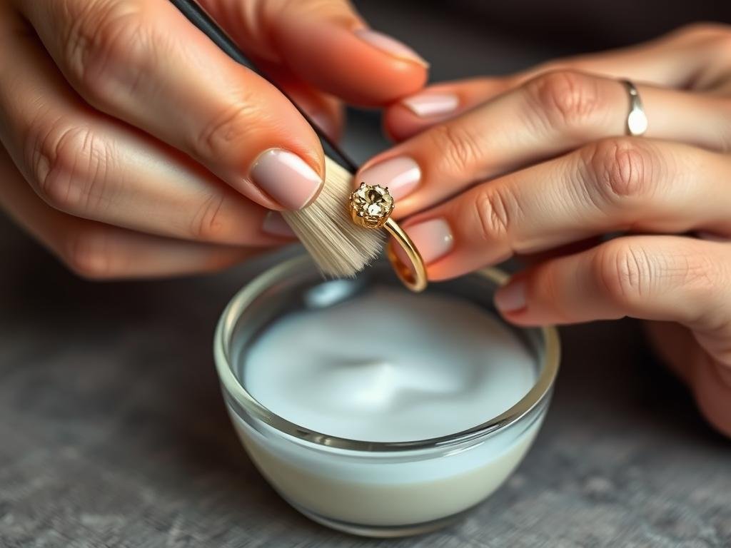 Gentle cleaning of a gold engagement ring with soft brush and mild soap solution