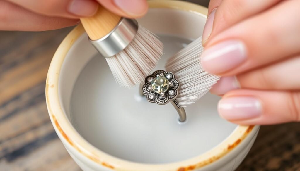 Gentle cleaning of a vintage style engagement ring with soft brush