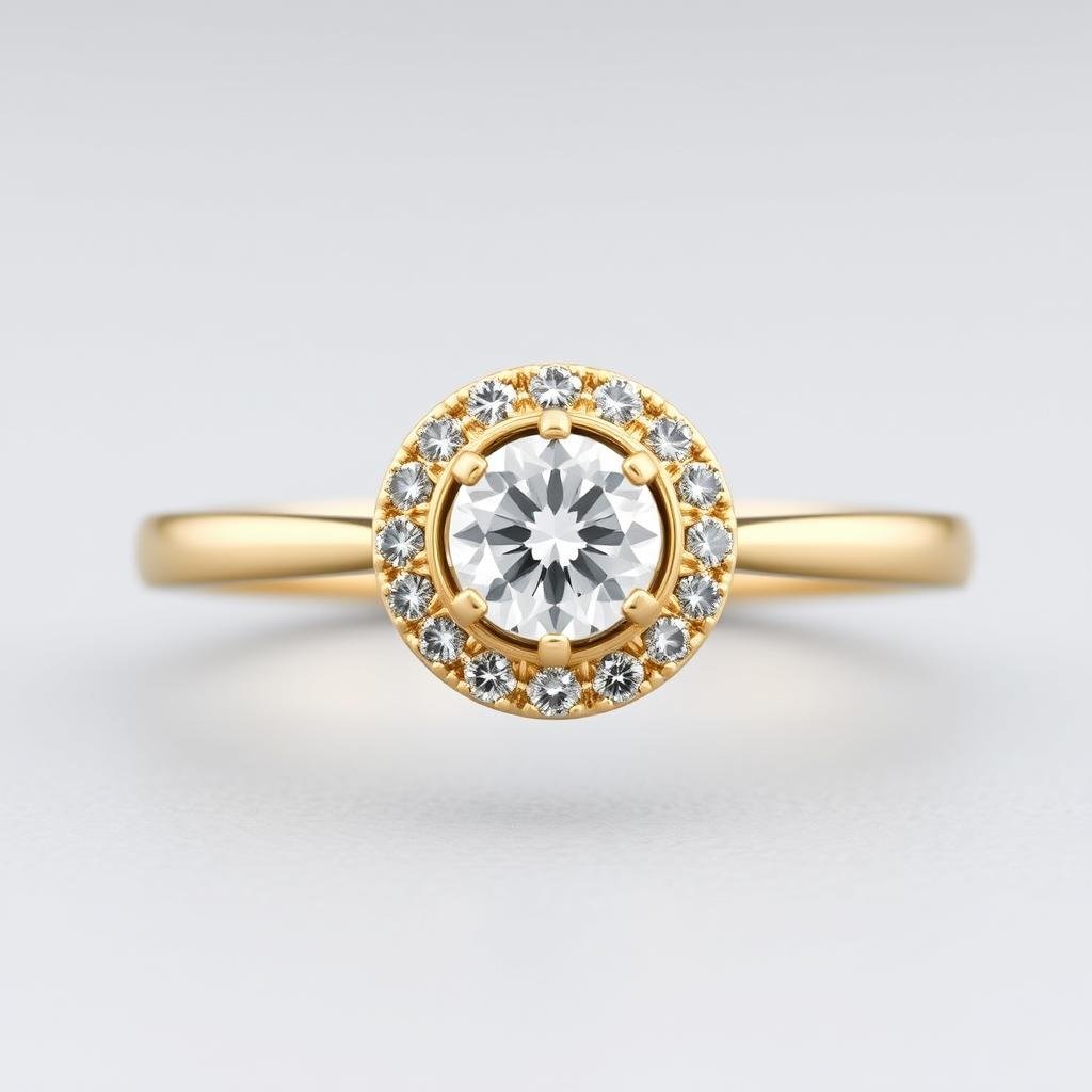 Gold halo engagement ring with diamond center stone surrounded by smaller diamonds