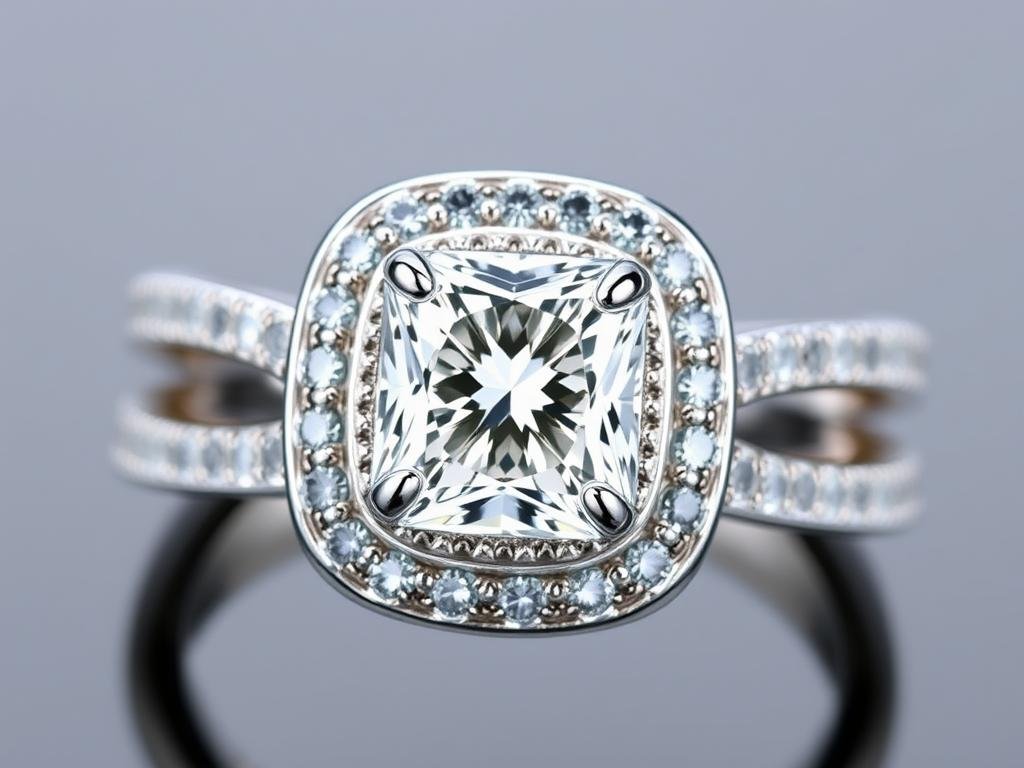 Halo engagement ring with diamonds surrounding center stone