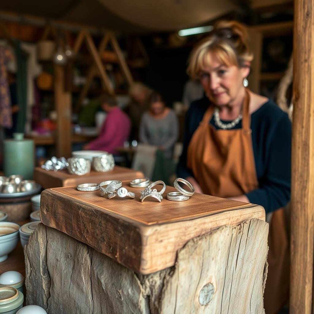 Handcrafted silver engagement rings at an artisan market
