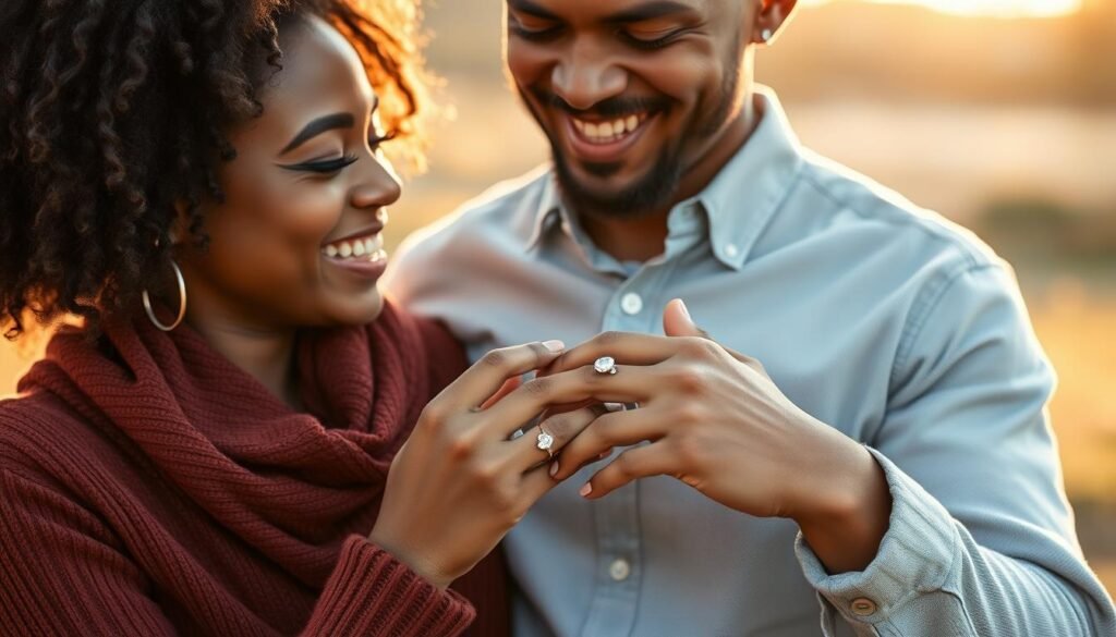 Happy couple admiring their unique engagement ring