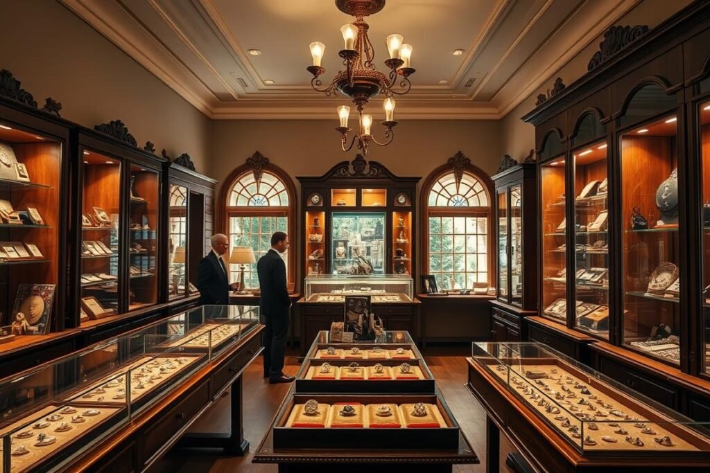 Interior of a specialized vintage jewelry store with display cases
