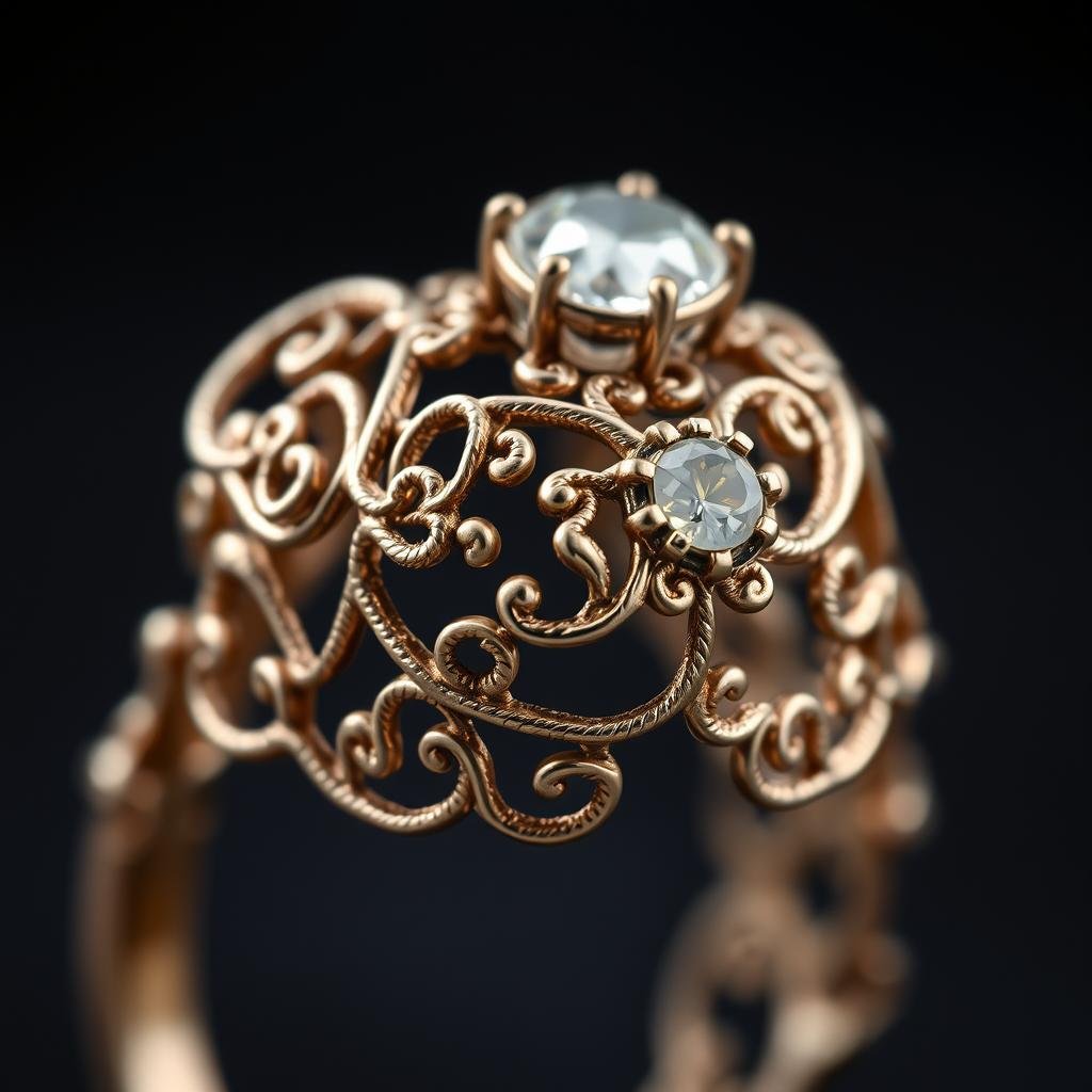 Intricate filigree work on antique engagement ring