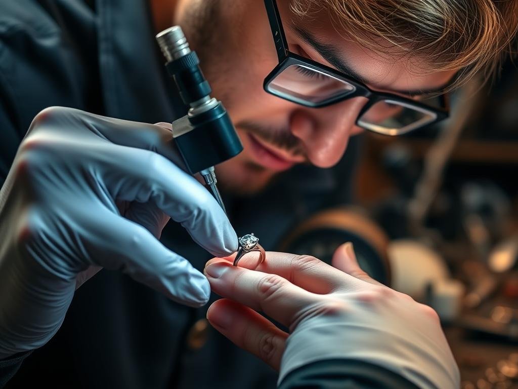 Jeweler examining a silver engagement ring with a loupe