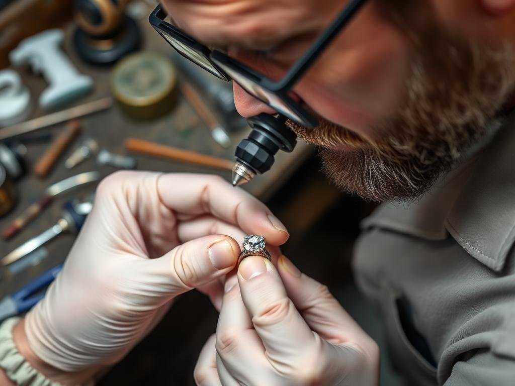 Jeweler examining antique engagement ring with loupe