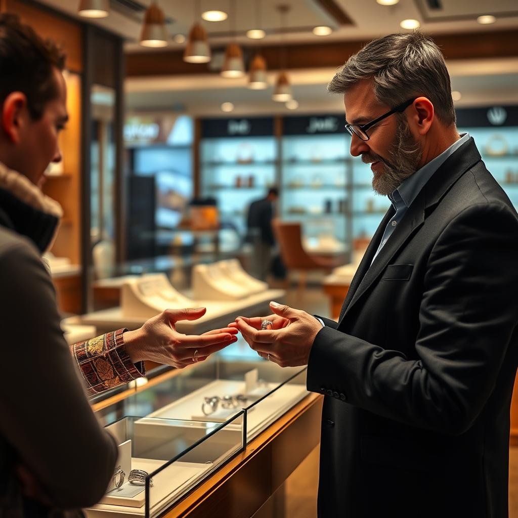 Jeweler showing silver engagement rings to a customer in a store