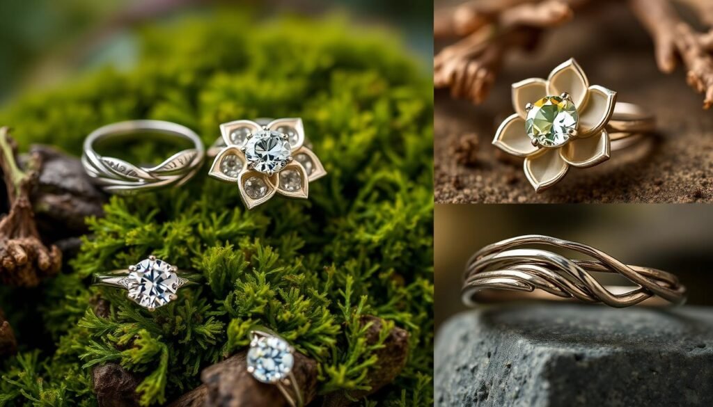 Nature-inspired unique engagement rings featuring leaf, floral, and organic designs