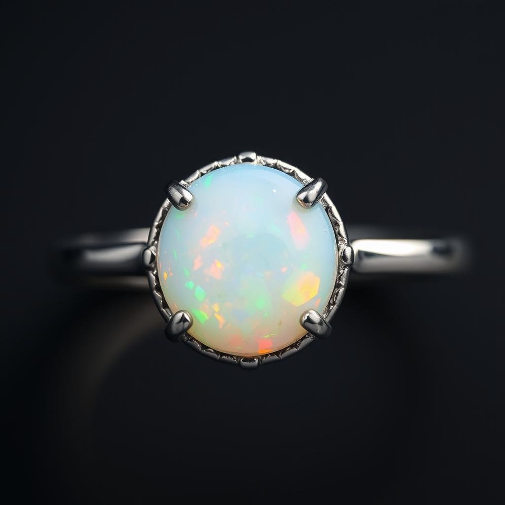 Opal engagement ring showing the stone's play of colors in a protective setting