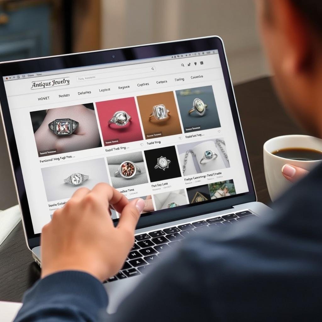 Person browsing antique engagement rings on laptop