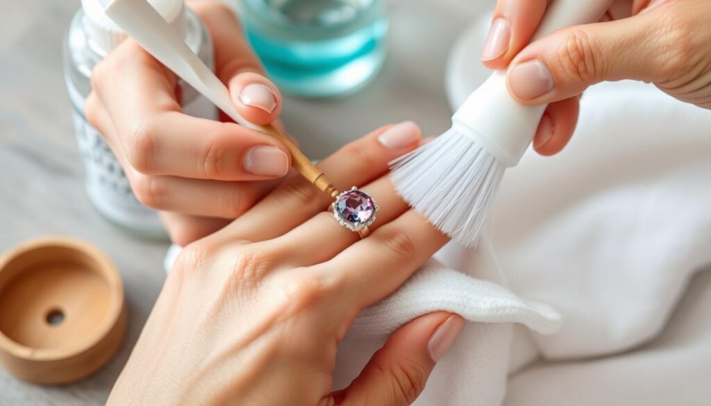 Person carefully cleaning a unique engagement ring with proper tools