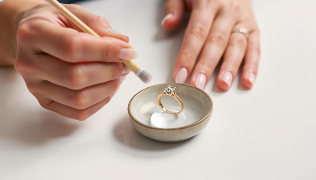 Person cleaning a gold engagement ring with gentle jewelry cleaning solution and soft brush