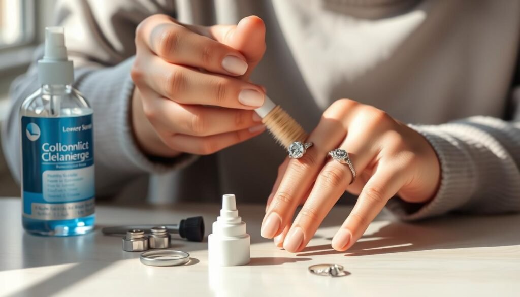 Person cleaning a silver engagement ring with proper tools