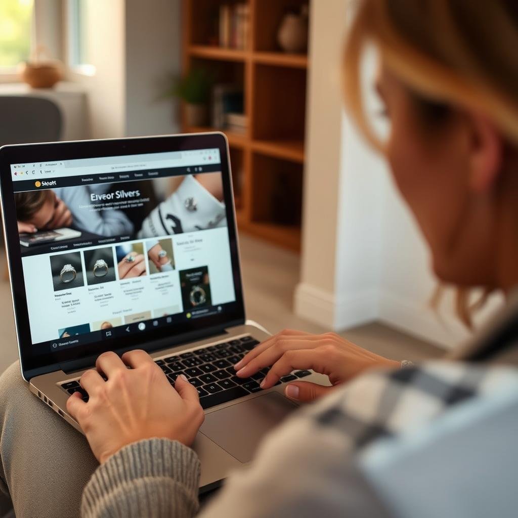 Person shopping for silver engagement rings on a laptop