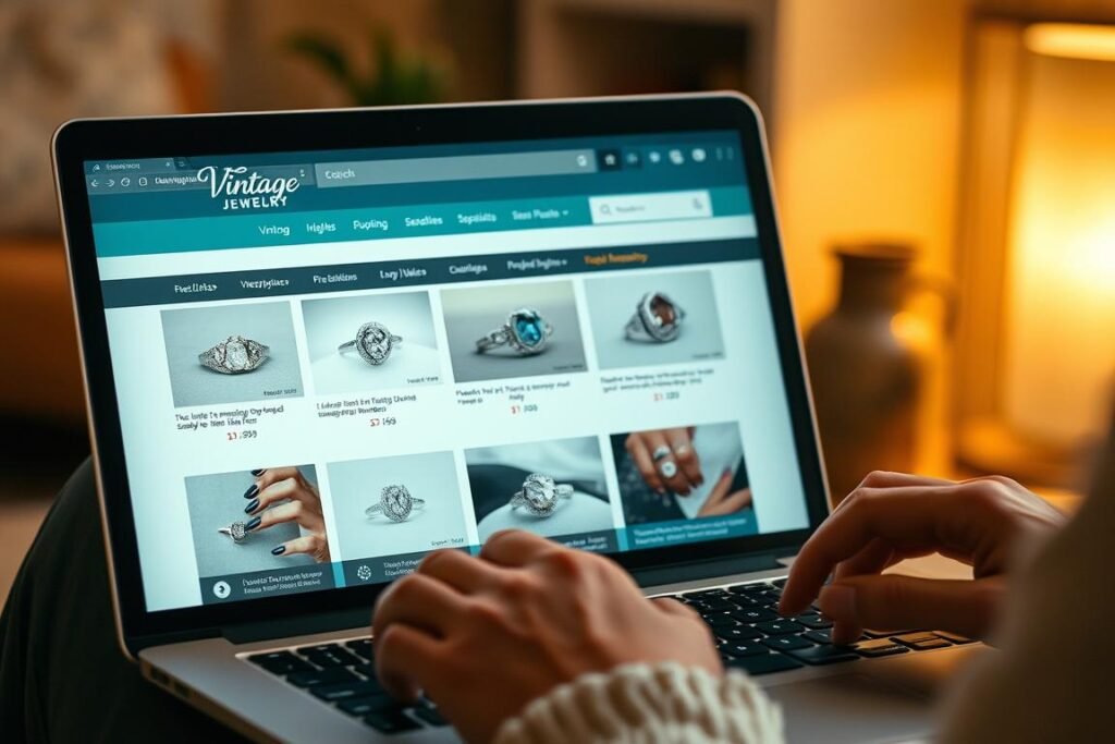 Person shopping for vintage rings on a laptop computer
