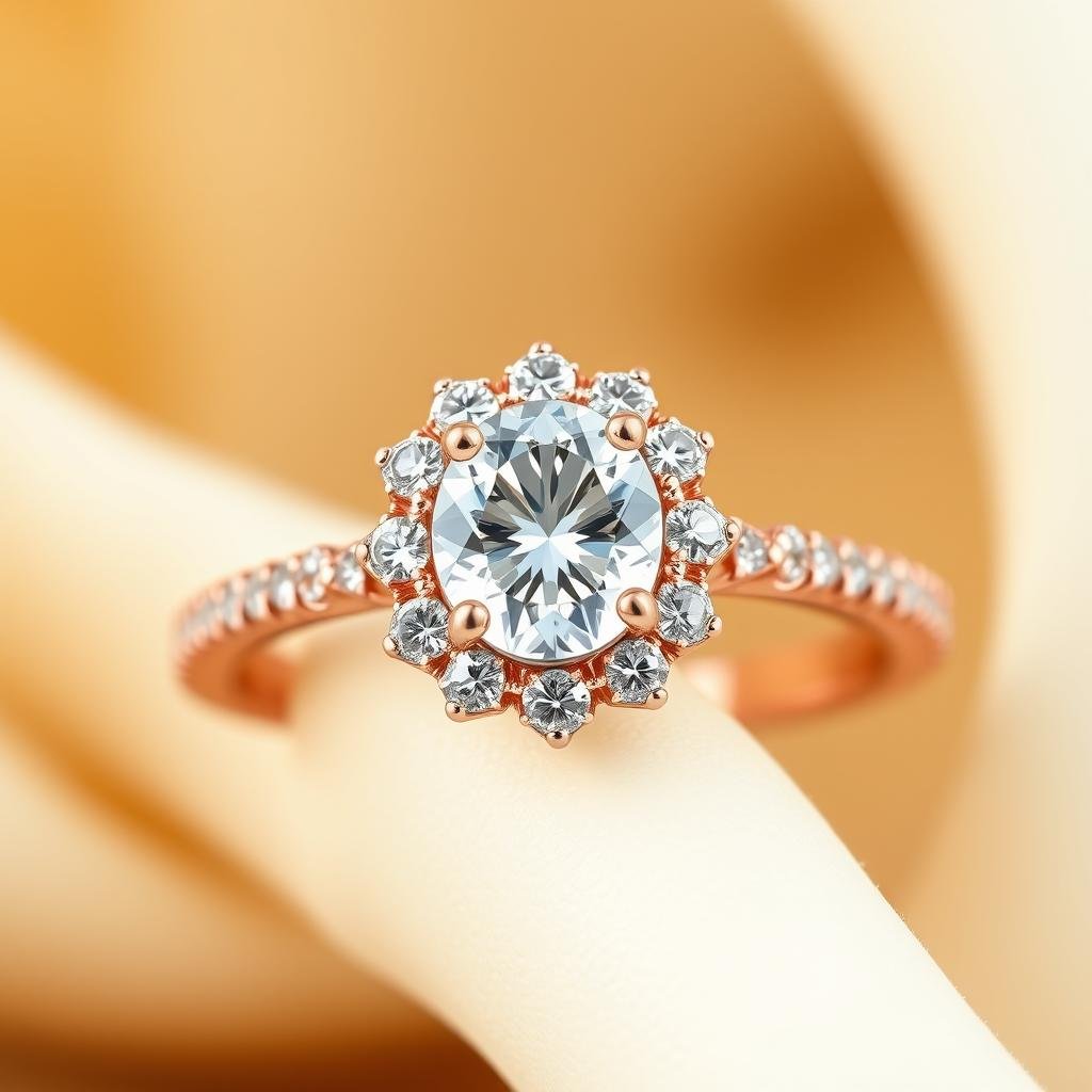 Rose gold engagement ring with oval diamond in halo setting