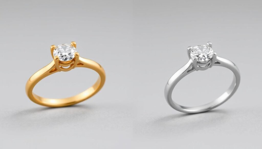 Side-by-side comparison of gold engagement ring with platinum engagement ring showing different metal characteristics