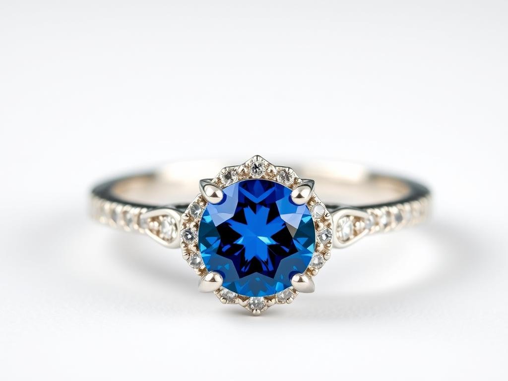 Silver engagement ring with a blue sapphire center stone surrounded by small diamonds