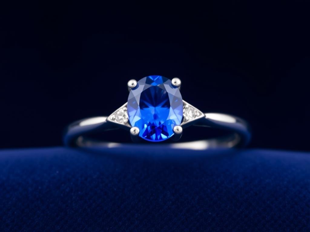 Silver engagement ring with blue sapphire center stone