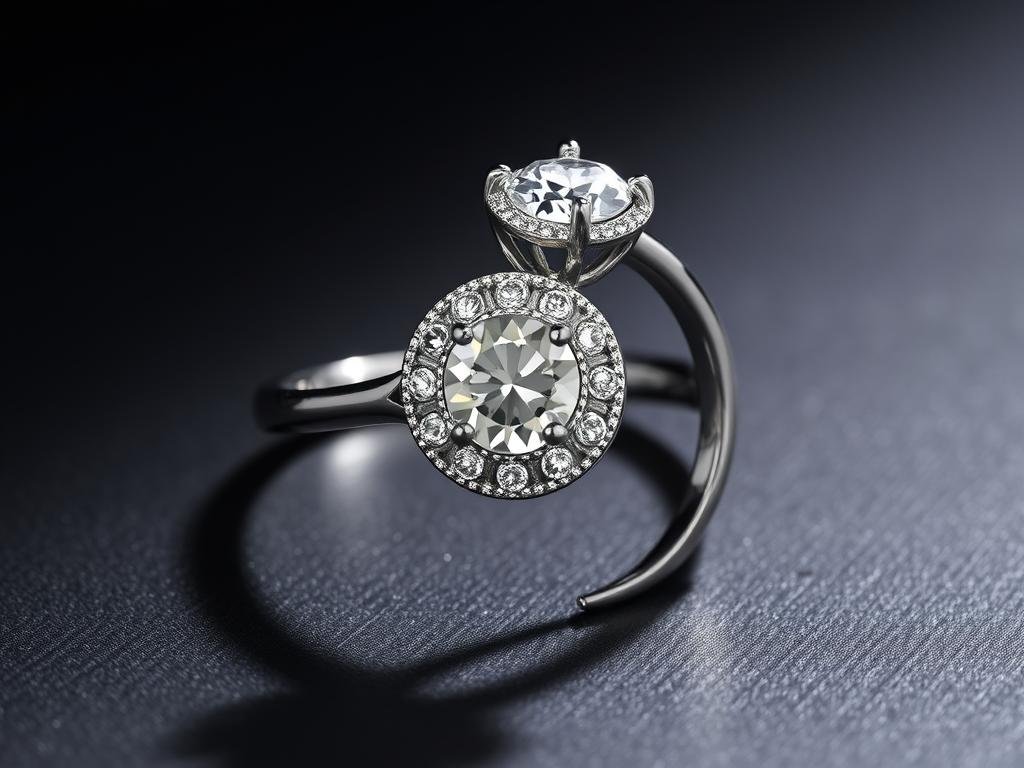 Silver halo engagement ring with diamond center surrounded by smaller stones