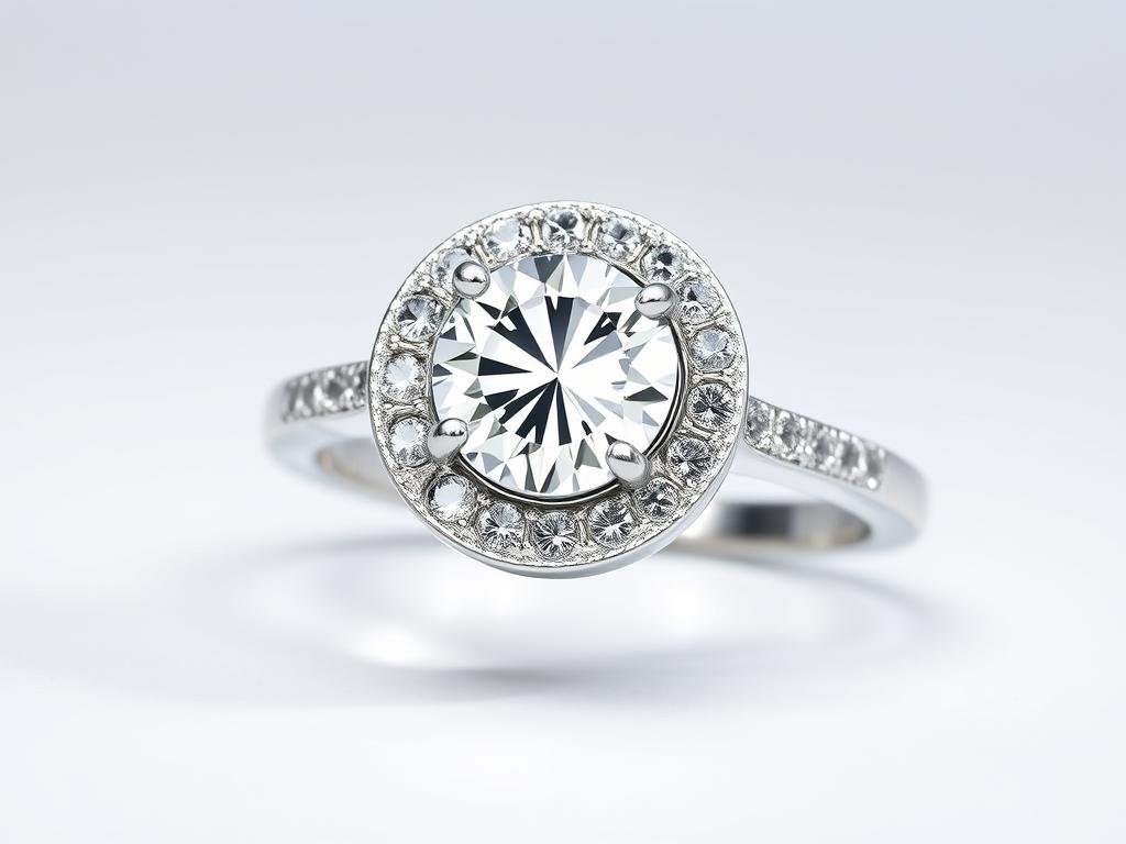Silver halo engagement ring with small diamonds surrounding a center stone