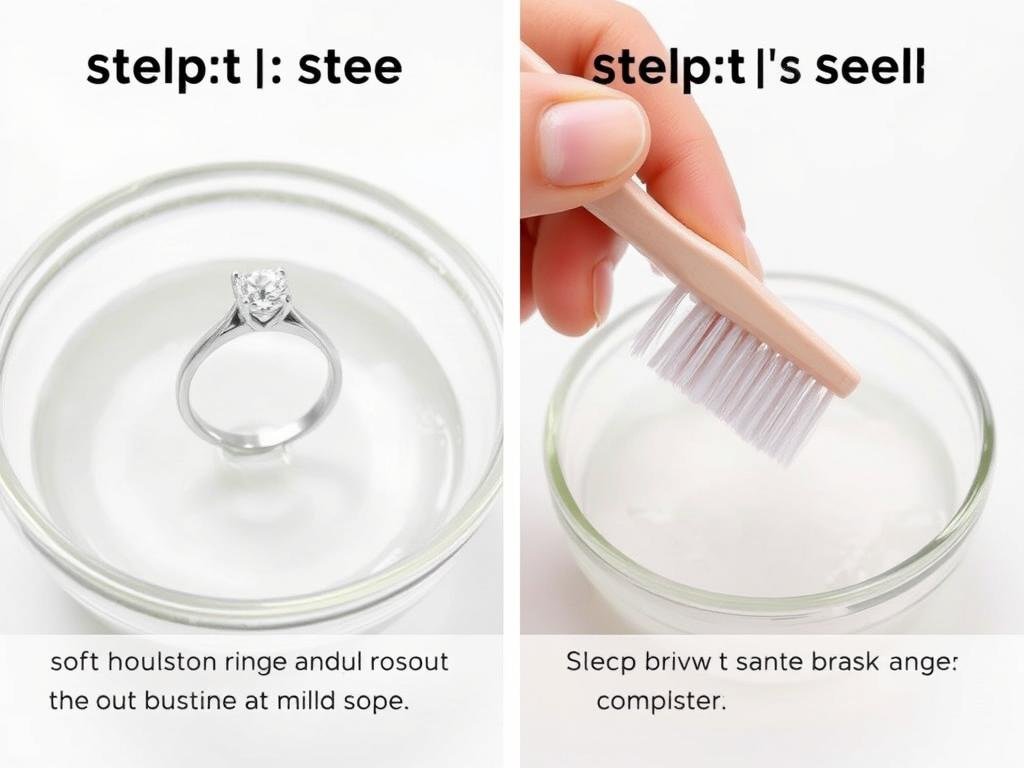 Silver ring being cleaned with a soft brush and mild soap solution