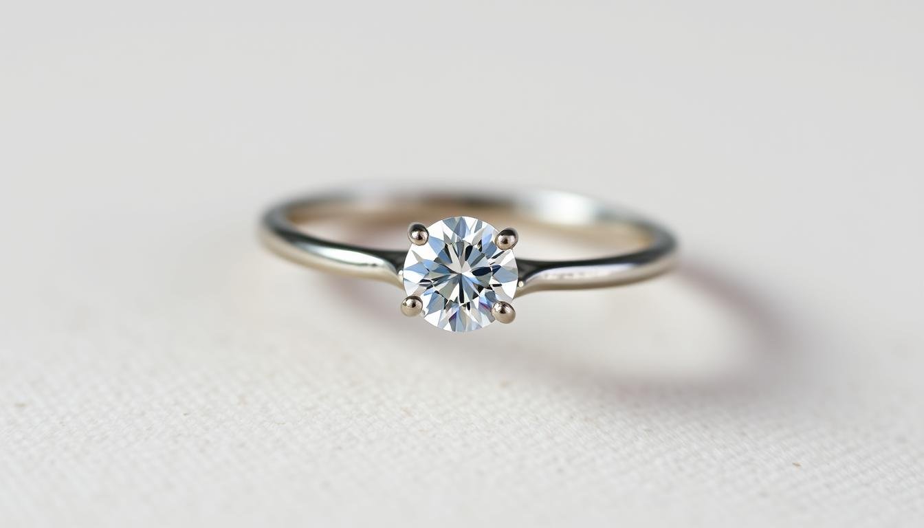 Simple solitaire engagement ring with round diamond on a plain band