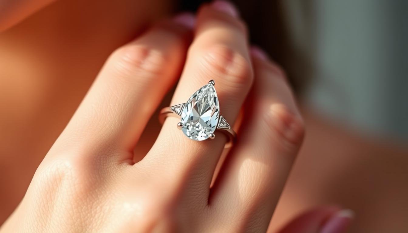 Stunning pear shaped engagement ring on woman's hand