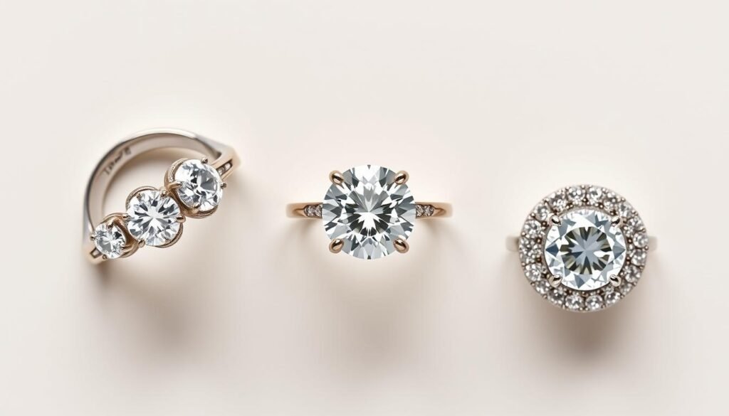 Three different engagement ring styles: three stone, solitaire, and halo rings