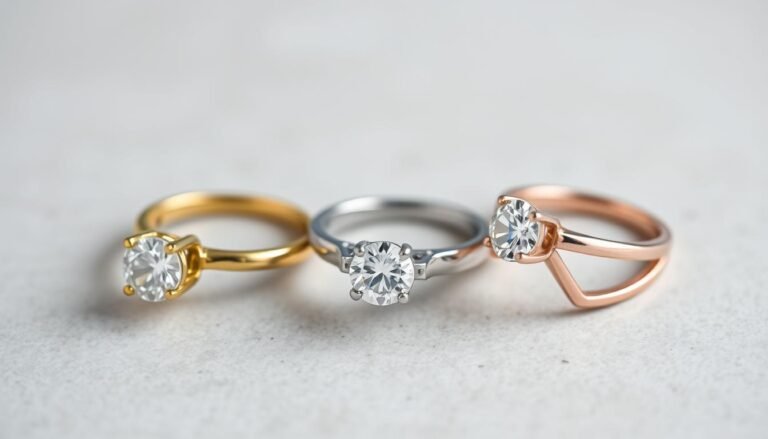 Three gold engagement rings in yellow, white, and rose gold displayed side by side showing their distinct color differences