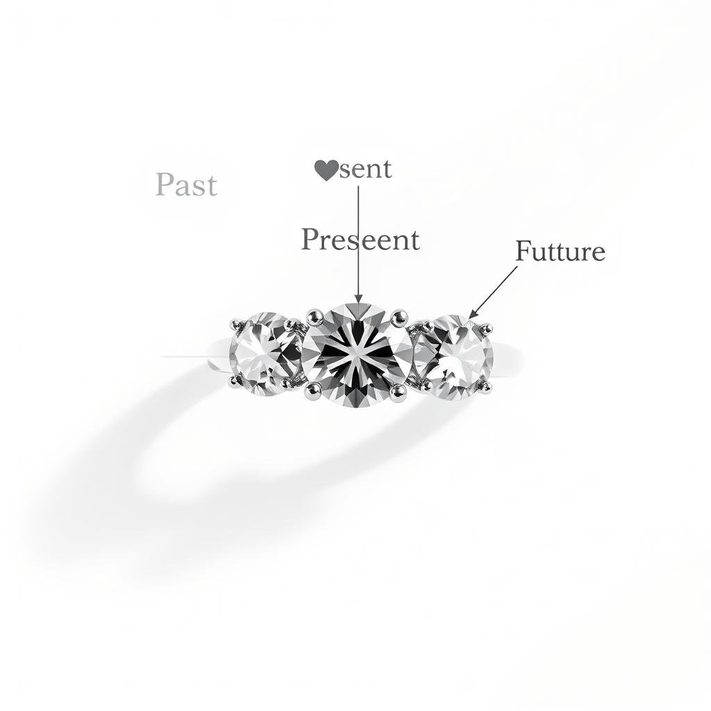 Three stone engagement ring symbolism diagram showing past, present, and future stones