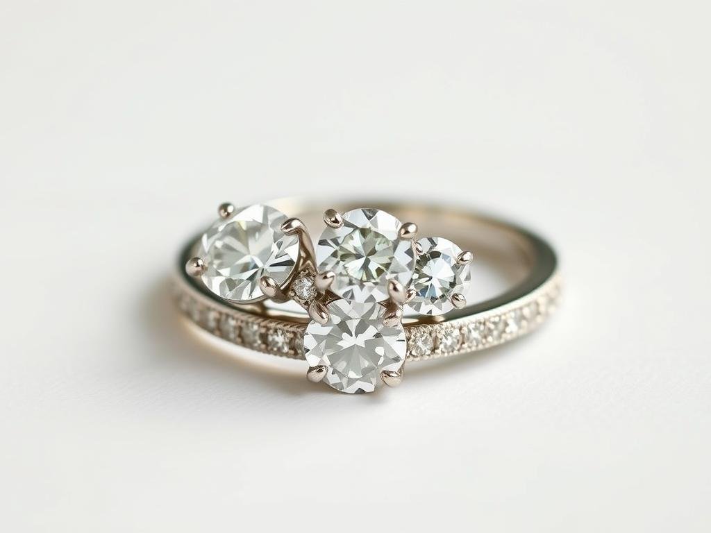 Three stone engagement ring with cathedral setting and pavé accents