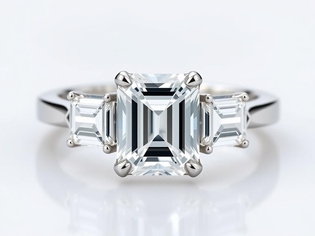 Three stone engagement ring with emerald cut center and tapered baguette side stones