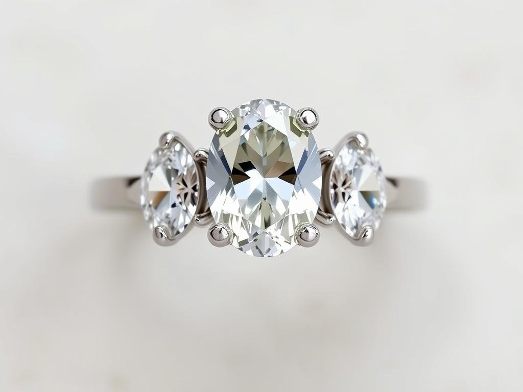 Three stone engagement ring with oval center stone and pear side stones